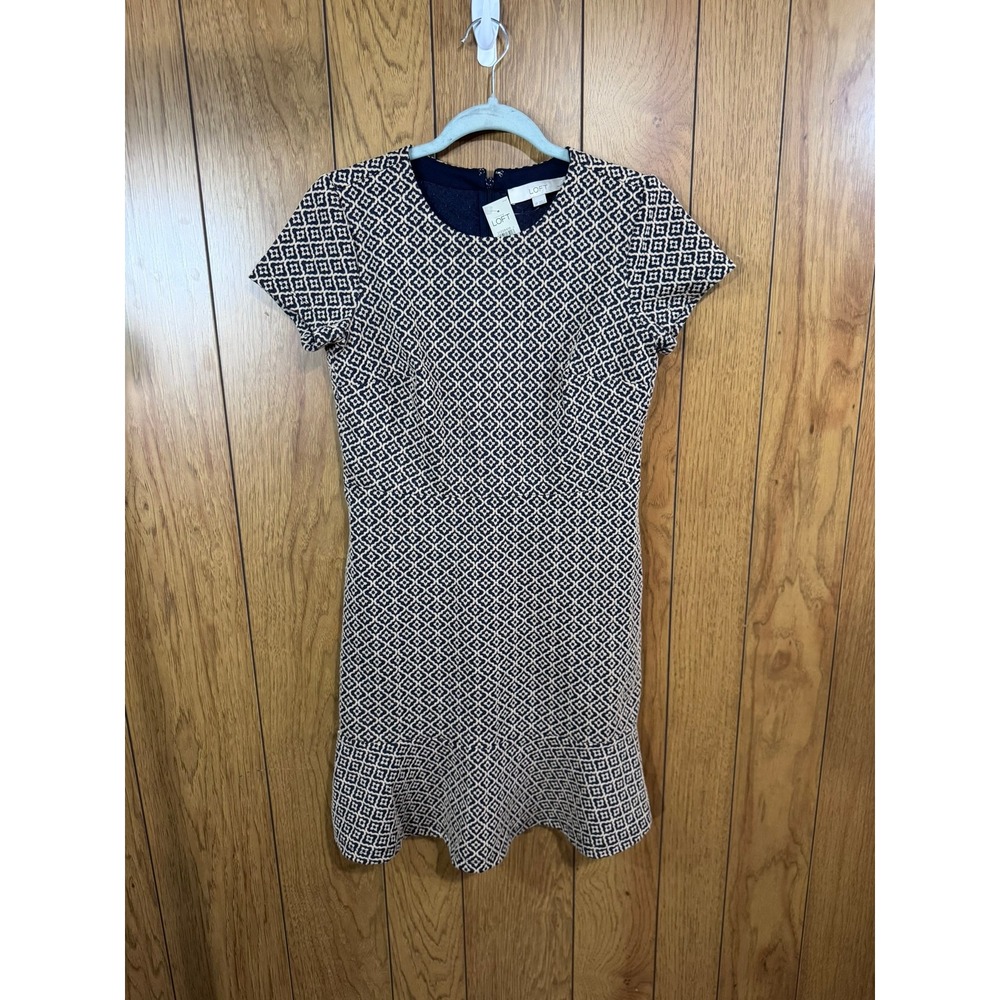 LOFT Navy Cream Geometric Jacquard Flounce Hem Dress 2P Petite 21358418